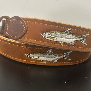Brown Leather Belt with Fish Embroidery and Canvas interior Size 38